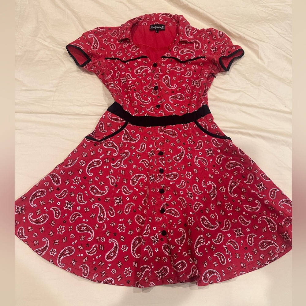 Sourpuss Red Paisley Fit-and-Flare Mini Dress with Black Trim